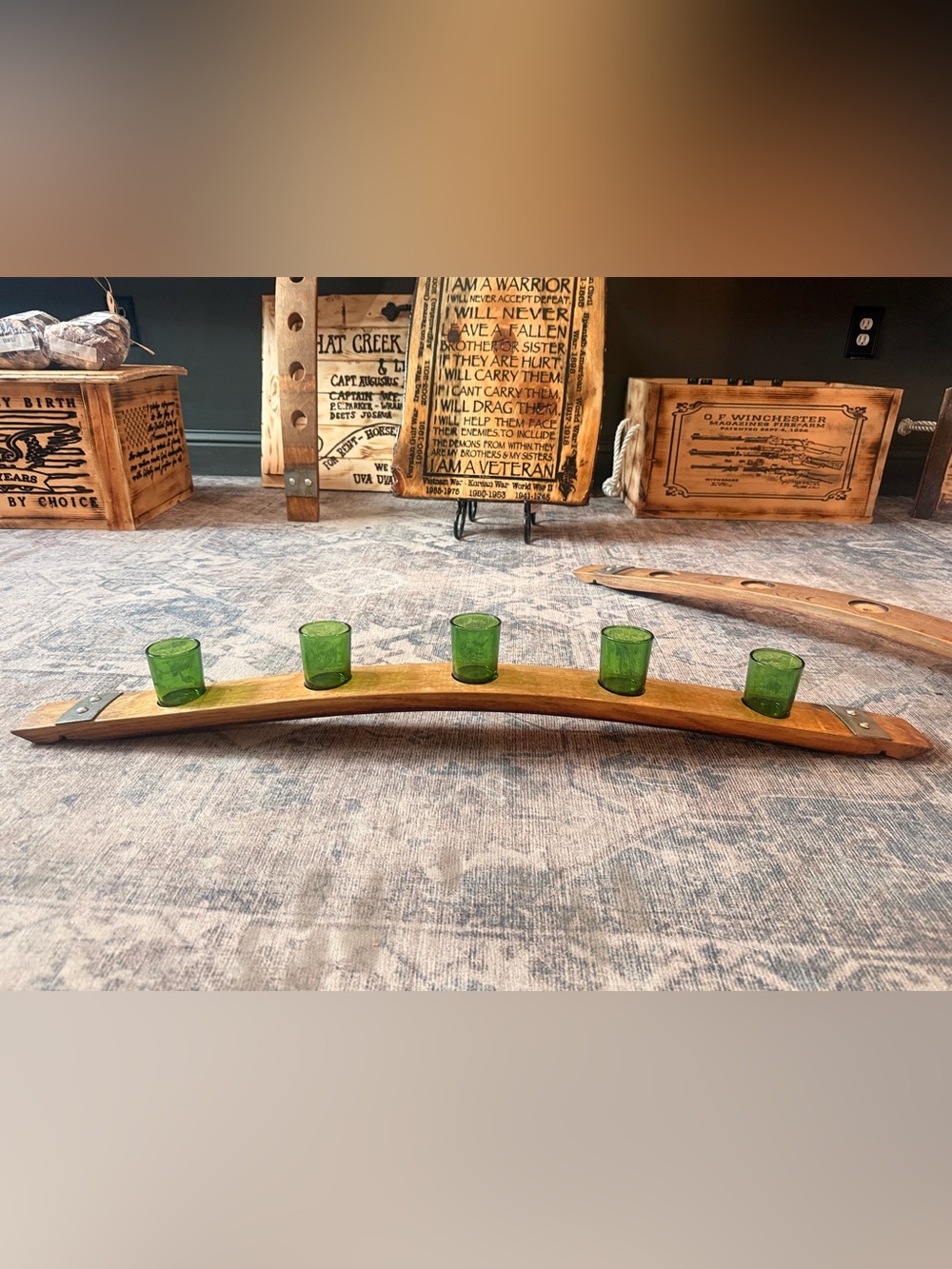 Rustic Curved Wood votive Glass Holder with Green votives